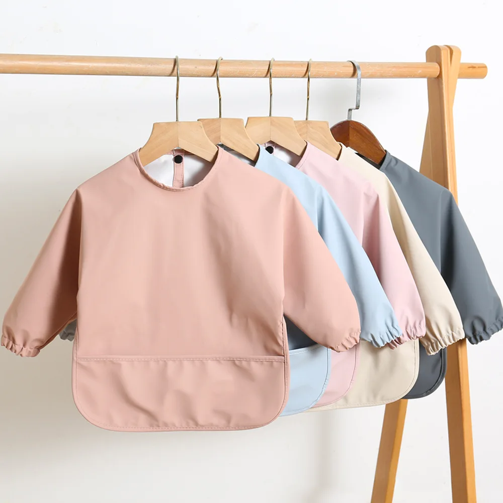 Baby Kids Toddler Long Sleeve Scarf Waterproof Art Smock Feeding Bib Apron Pocket Infant Boys Girls Burp Cloth Bandana Bibs