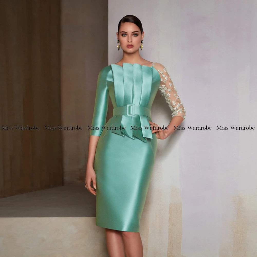 Customized Green 3D Flowers Wedding Guest Gown Knee Length Belt Mermaid Mother Of The Bride Dresses Elegant Women's Formal Wear