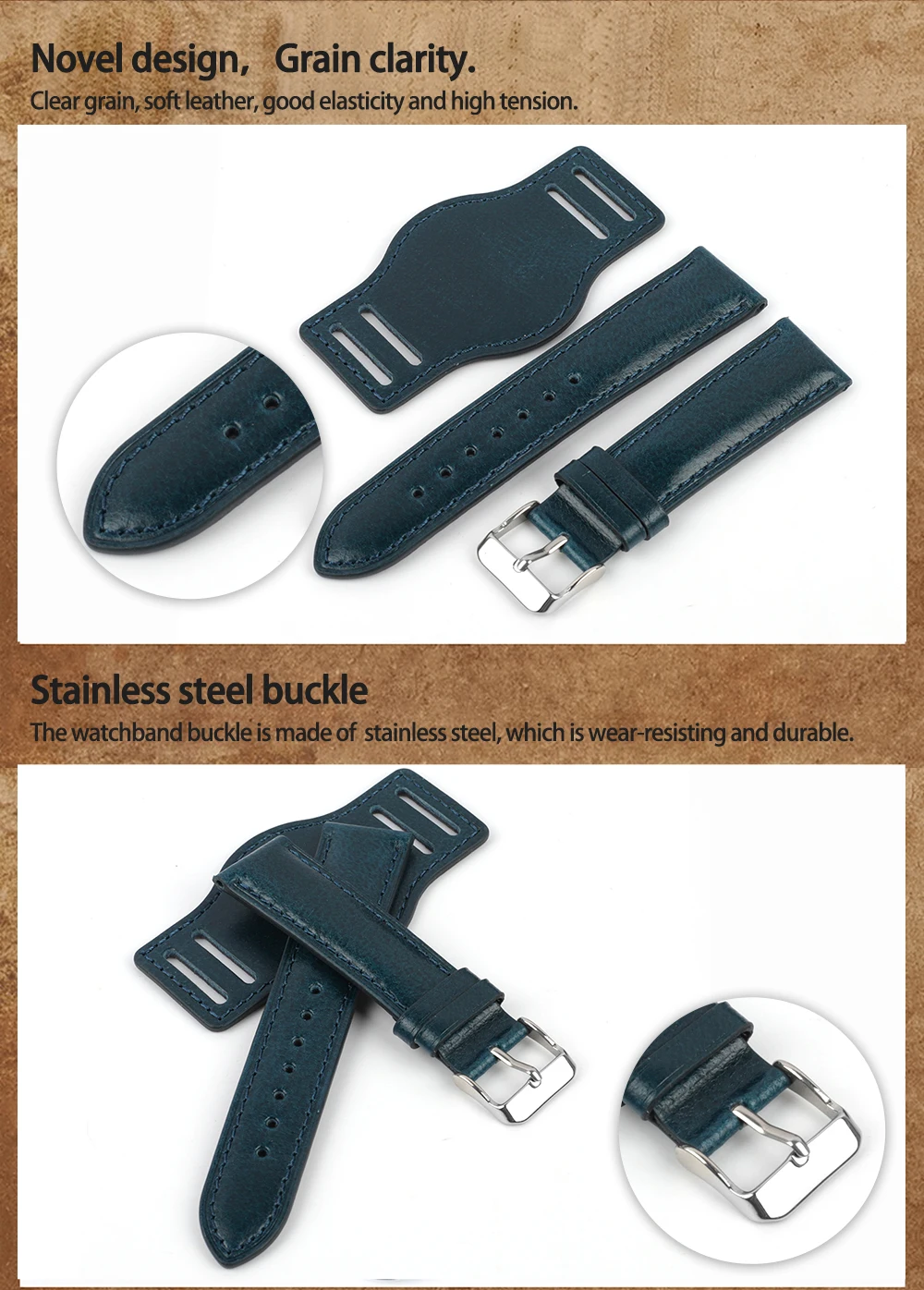 Oil Wax Leather Bund Strap 18mm 19mm 20mm 21mm 22mm Watchband Blue Wristband with Mat Handmade Genuine Leather Watch Accessories