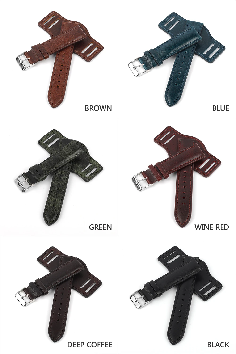 Oil Wax Leather Bund Strap 18mm 19mm 20mm 21mm 22mm Watchband Blue Wristband with Mat Handmade Genuine Leather Watch Accessories