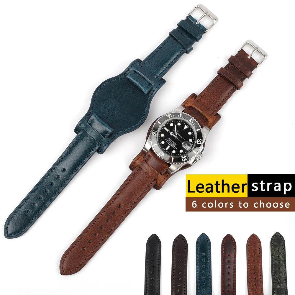 Oil Wax Leather Bund Strap 18mm 19mm 20mm 21mm 22mm Watchband Blue Wristband with Mat Handmade Genuine Leather Watch Accessories