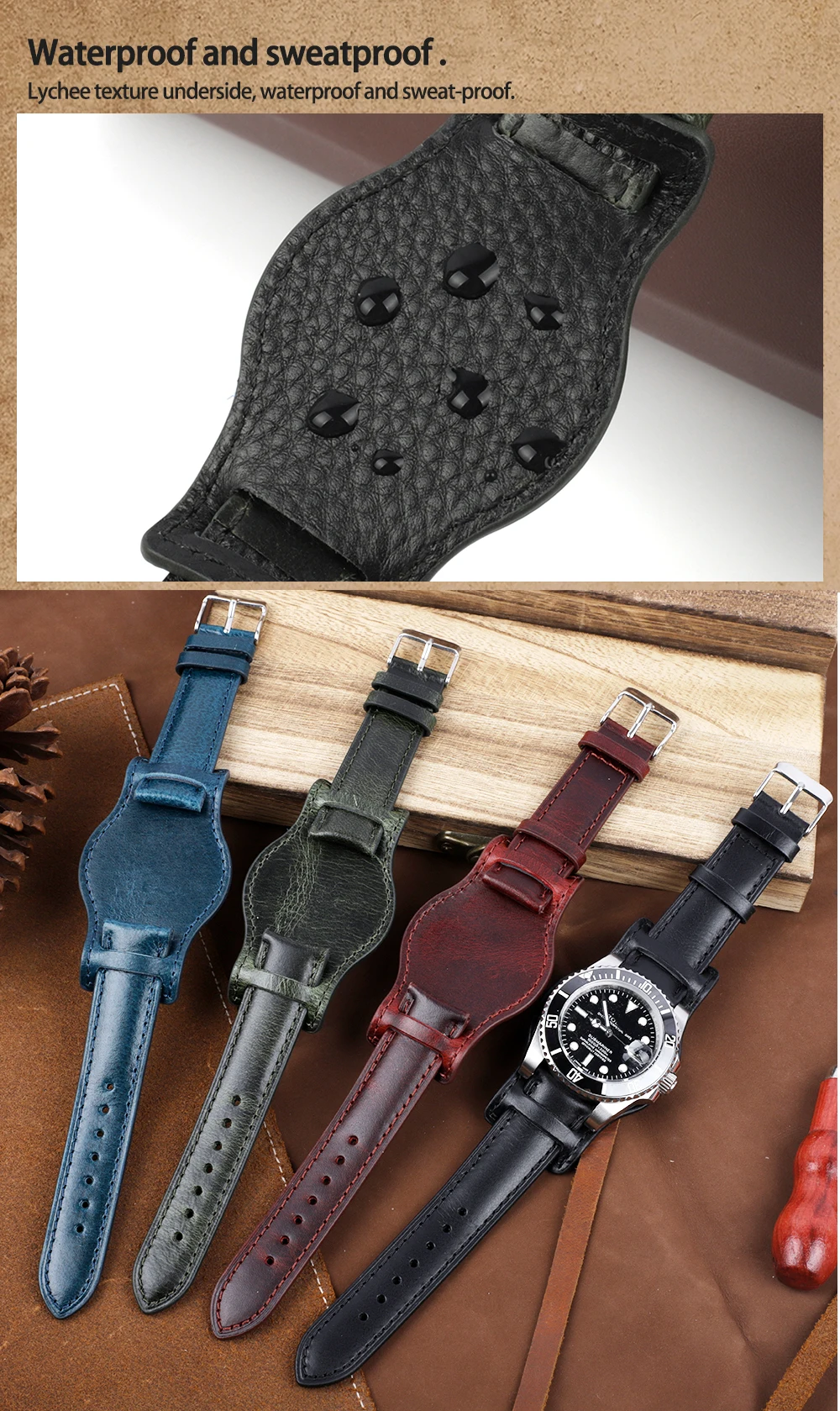 Oil Wax Leather Bund Strap 18mm 19mm 20mm 21mm 22mm Watchband Blue Wristband with Mat Handmade Genuine Leather Watch Accessories