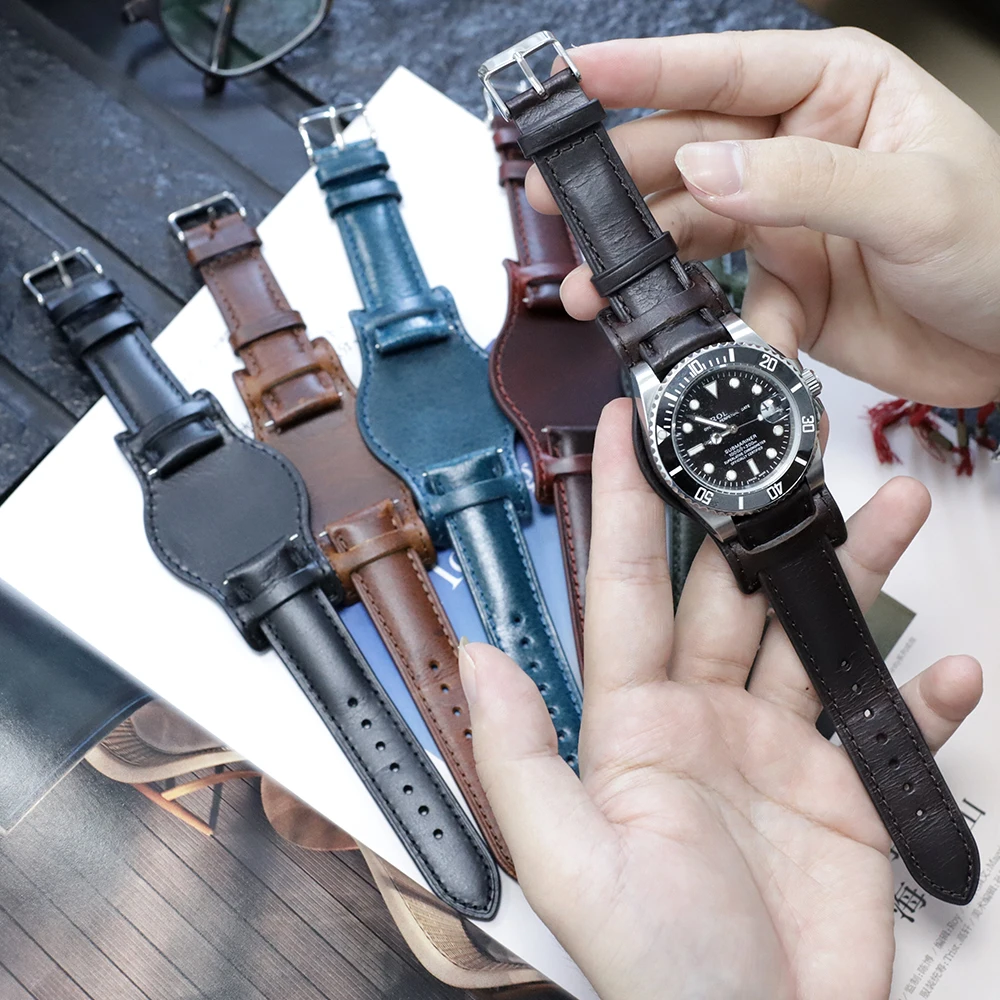 Oil Wax Leather Bund Strap 18mm 19mm 20mm 21mm 22mm Watchband Blue Wristband with Mat Handmade Genuine Leather Watch Accessories