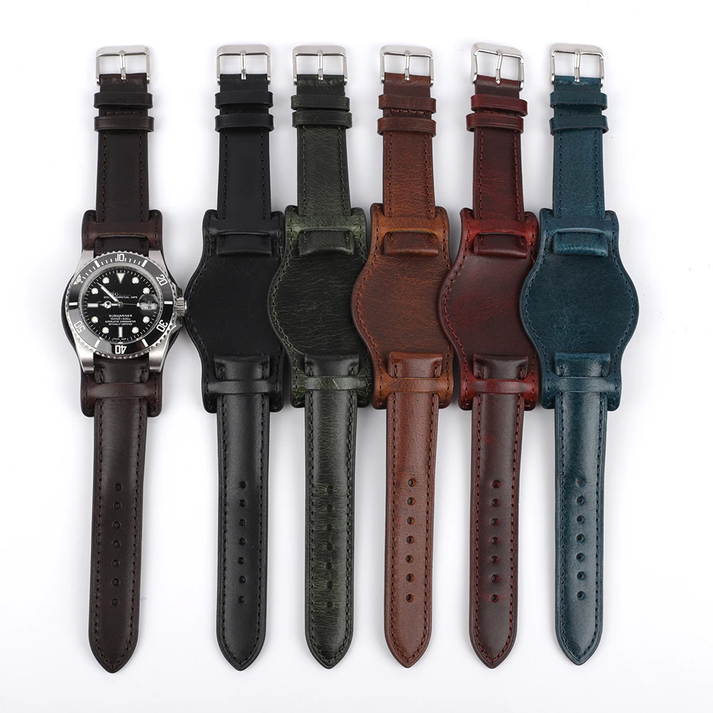 Oil Wax Leather Bund Strap 18mm 19mm 20mm 21mm 22mm Watchband Blue Wristband with Mat Handmade Genuine Leather Watch Accessories