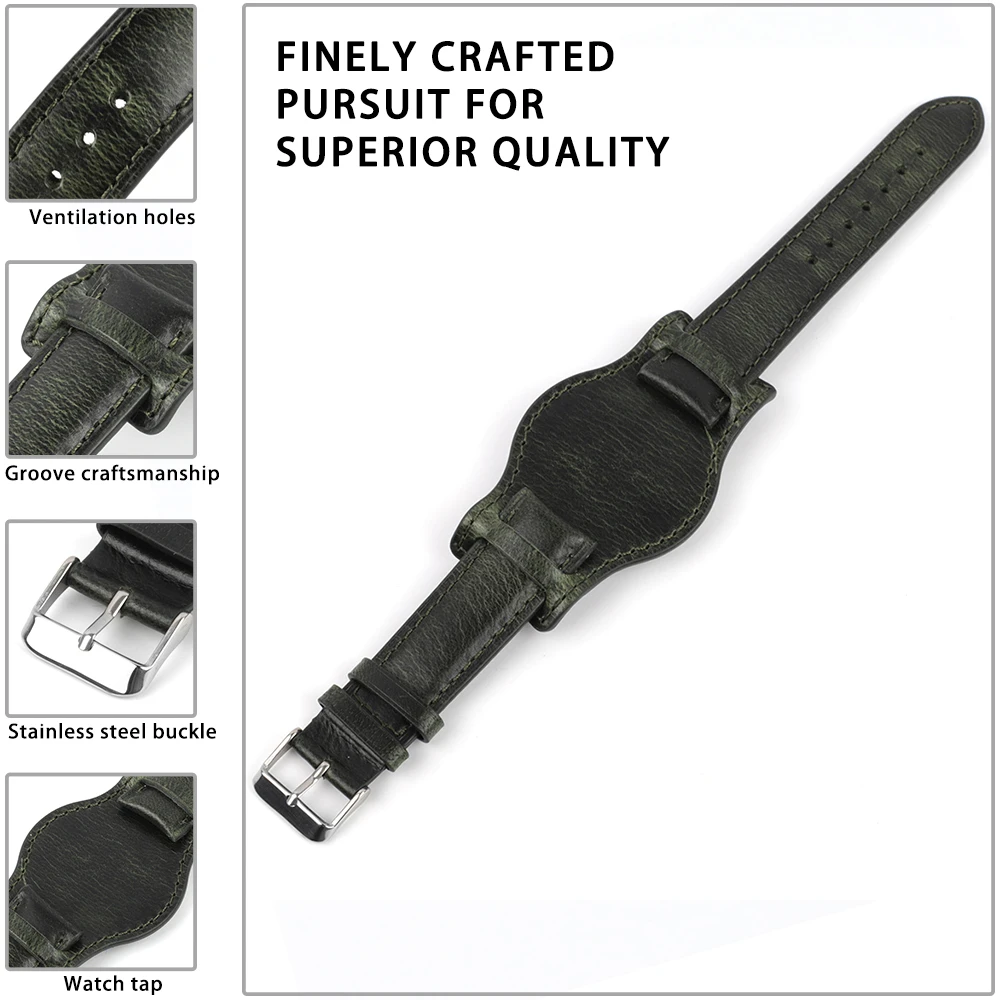 Oil Wax Leather Bund Strap 18mm 19mm 20mm 21mm 22mm Watchband Blue Wristband with Mat Handmade Genuine Leather Watch Accessories