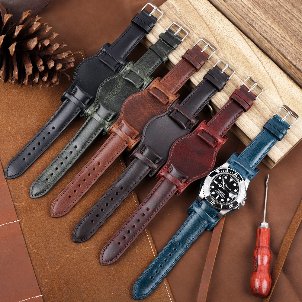 Oil Wax Leather Bund Strap 18mm 19mm 20mm 21mm 22mm Watchband Blue Wristband with Mat Handmade Genuine Leather Watch Accessories