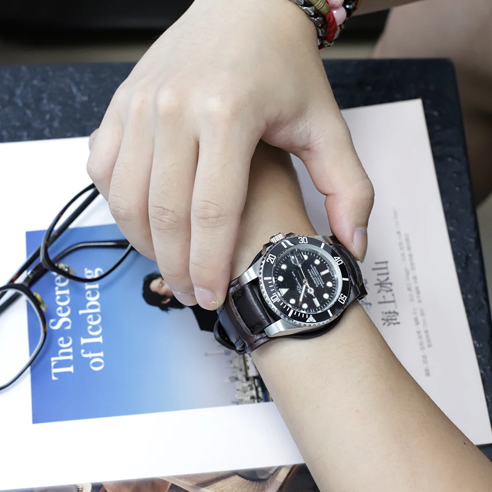 Oil Wax Leather Bund Strap 18mm 19mm 20mm 21mm 22mm Watchband Blue Wristband with Mat Handmade Genuine Leather Watch Accessories