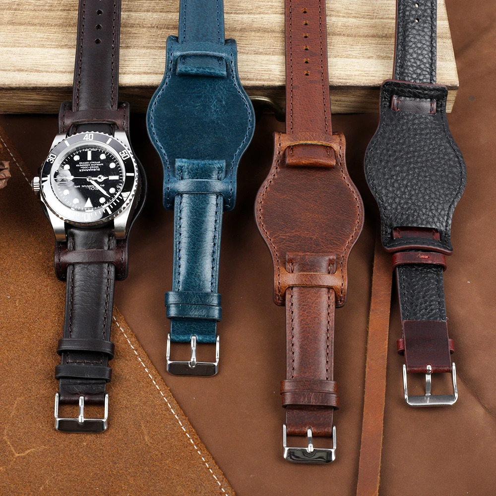 Oil Wax Leather Bund Strap 18mm 19mm 20mm 21mm 22mm Watchband Blue Wristband with Mat Handmade Genuine Leather Watch Accessories