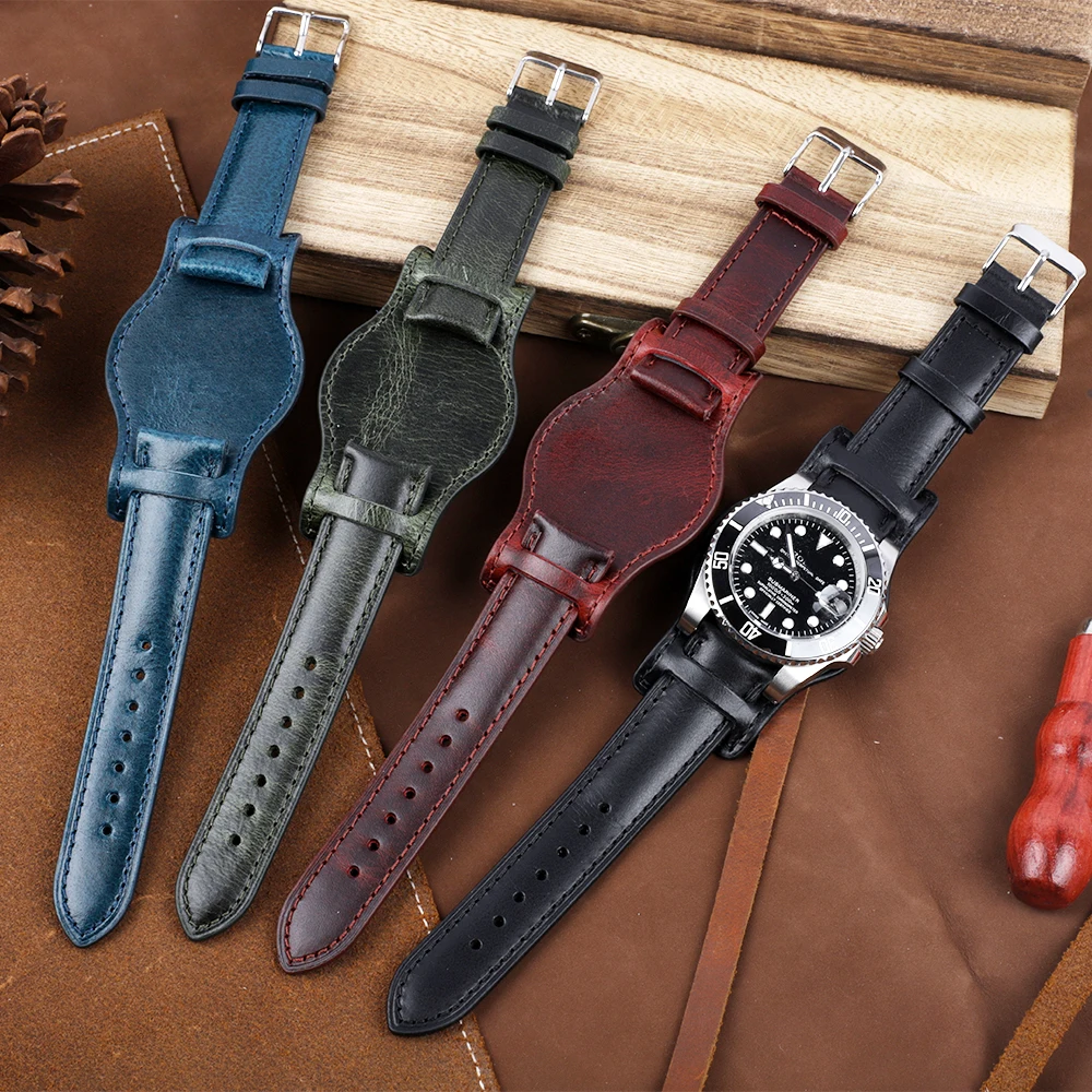 Oil Wax Leather Bund Strap 18mm 19mm 20mm 21mm 22mm Watchband Blue Wristband with Mat Handmade Genuine Leather Watch Accessories