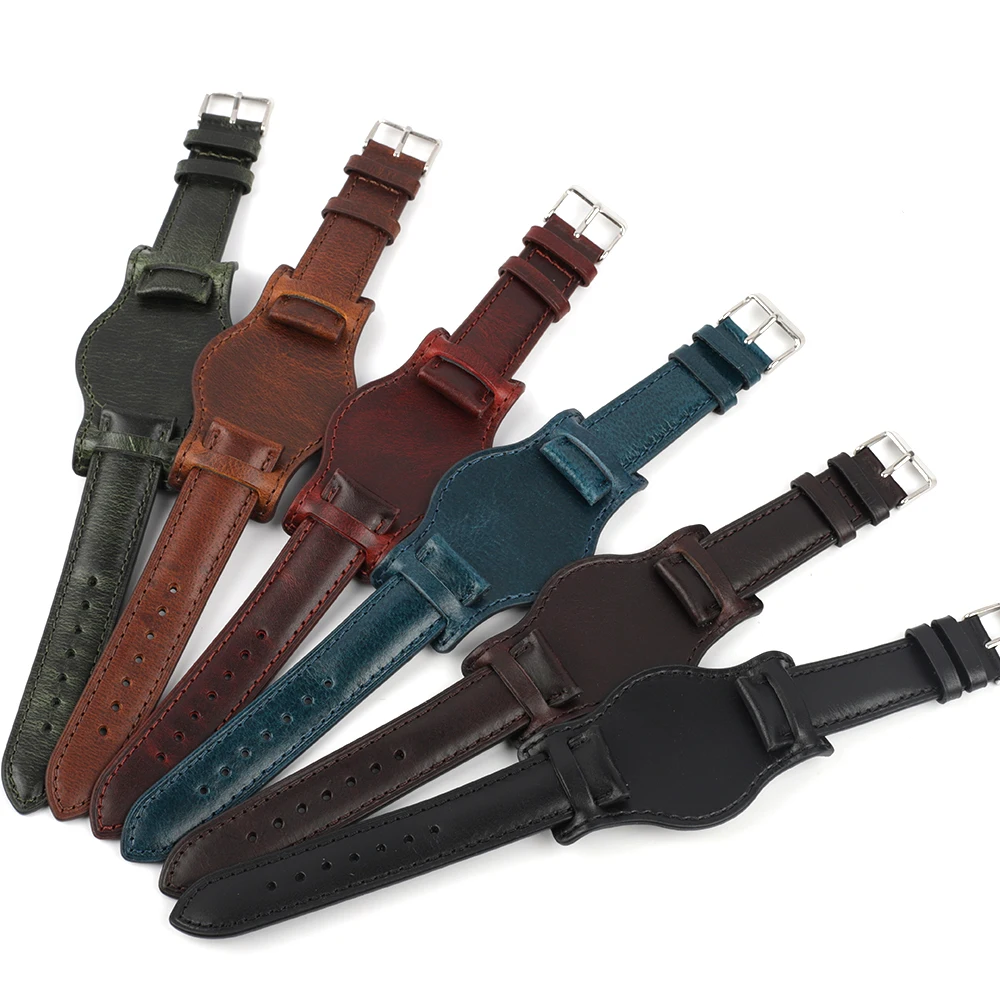 Oil Wax Leather Bund Strap 18mm 19mm 20mm 21mm 22mm Watchband Blue Wristband with Mat Handmade Genuine Leather Watch Accessories
