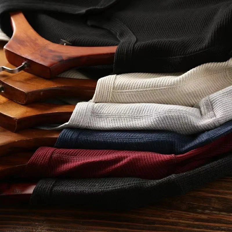Slim Fit Mens Basic Tee Casual Tshirts Henley Waffle Long Sleeve Shirts Thermal Solid Half Button Breathable Cotton Shirts