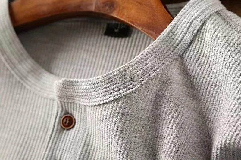 Slim Fit Mens Basic Tee Casual Tshirts Henley Waffle Long Sleeve Shirts Thermal Solid Half Button Breathable Cotton Shirts