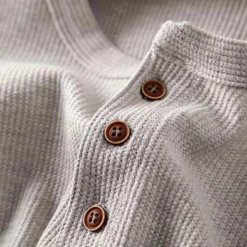 Slim Fit Mens Basic Tee Casual Tshirts Henley Waffle Long Sleeve Shirts Thermal Solid Half Button Breathable Cotton Shirts