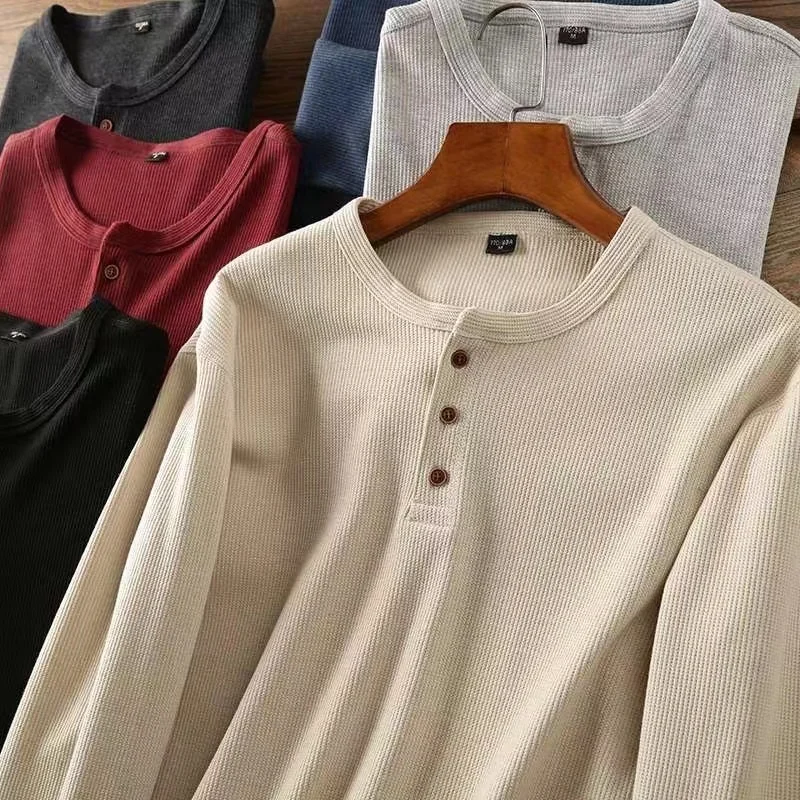 Slim Fit Mens Basic Tee Casual Tshirts Henley Waffle Long Sleeve Shirts Thermal Solid Half Button Breathable Cotton Shirts