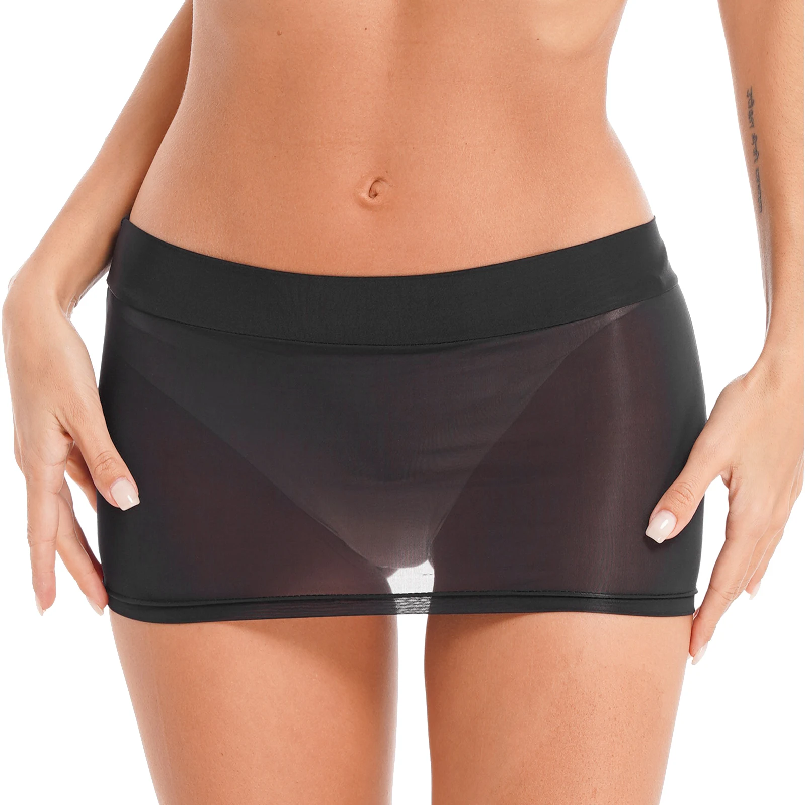Womens Semi See-through Miniskirt Cover Ups Beachwear Solid Color Block Low Rise Sexy Pencil Mini Skirts Female Sexy Nightwear