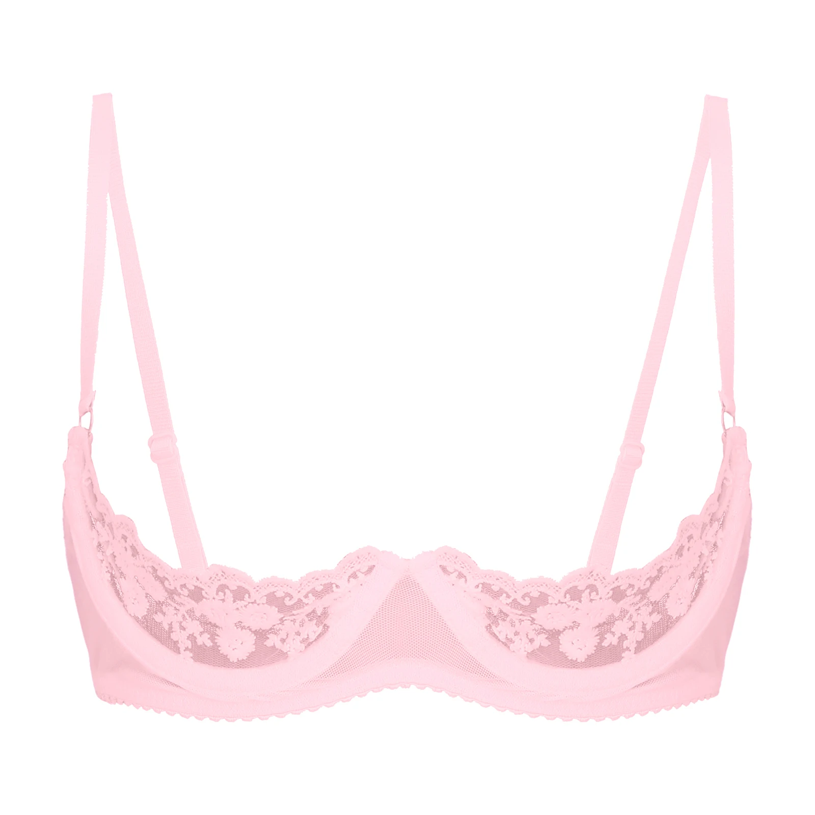 Women's Sheer Lace Lingerie Sexy Half Cup Bare Breast Underwire Push Up Bra Tops Adjustable Straps Unlined Brassiere