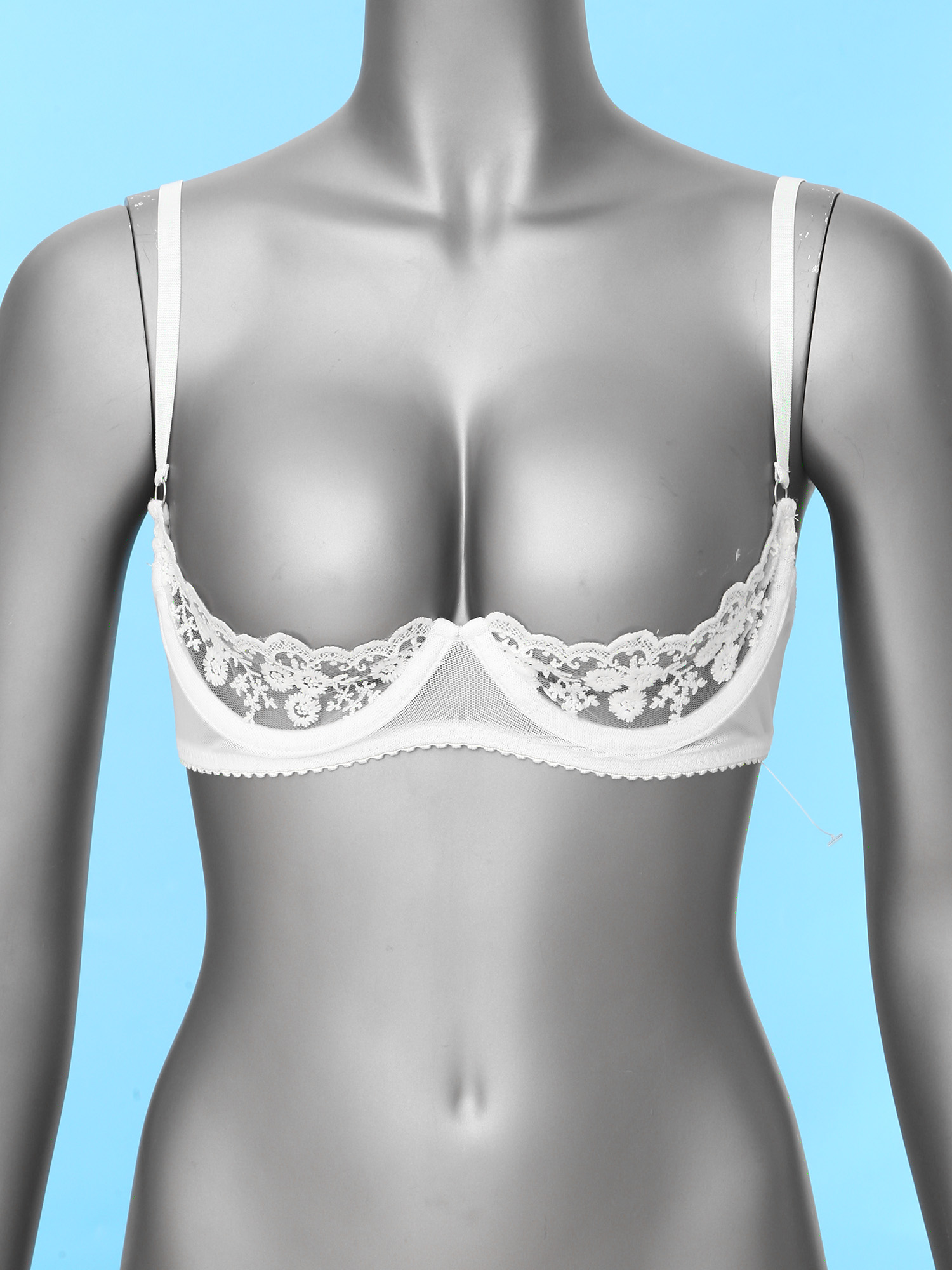 Women's Sheer Lace Lingerie Sexy Half Cup Bare Breast Underwire Push Up Bra Tops Adjustable Straps Unlined Brassiere