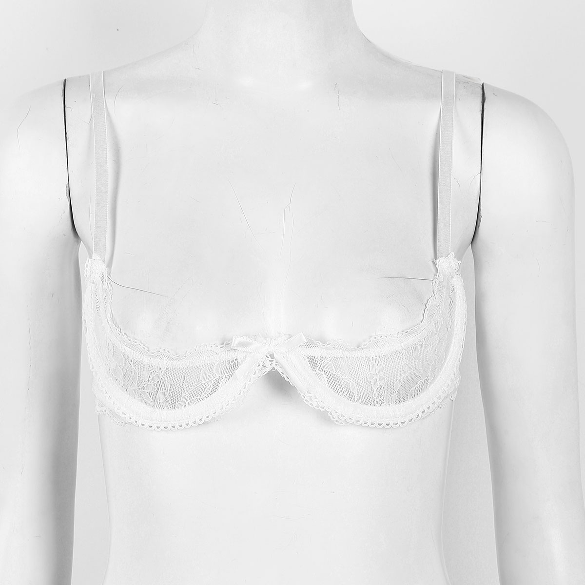Women's Sheer Lace Lingerie Sexy Half Cup Bare Breast Underwire Push Up Bra Tops Adjustable Straps Unlined Brassiere