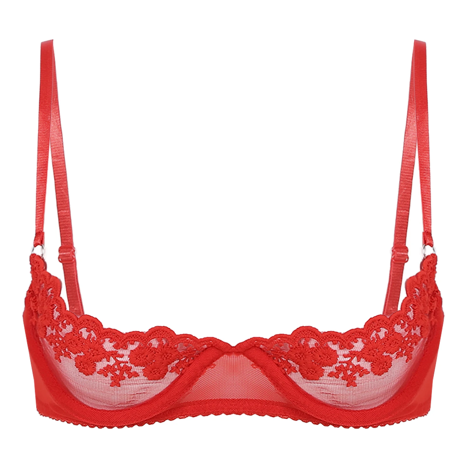 Women's Sheer Lace Lingerie Sexy Half Cup Bare Breast Underwire Push Up Bra Tops Adjustable Straps Unlined Brassiere