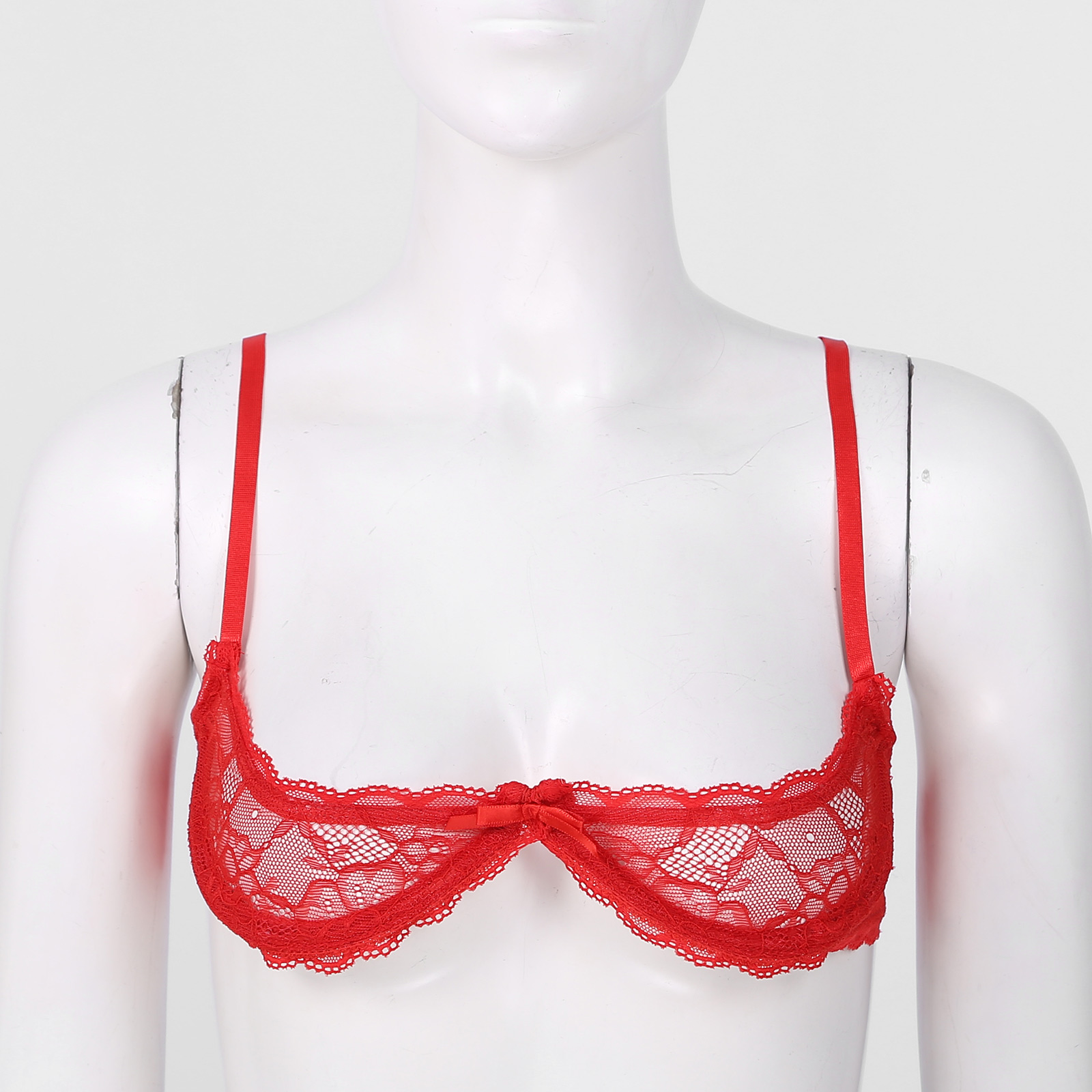 Women's Sheer Lace Lingerie Sexy Half Cup Bare Breast Underwire Push Up Bra Tops Adjustable Straps Unlined Brassiere