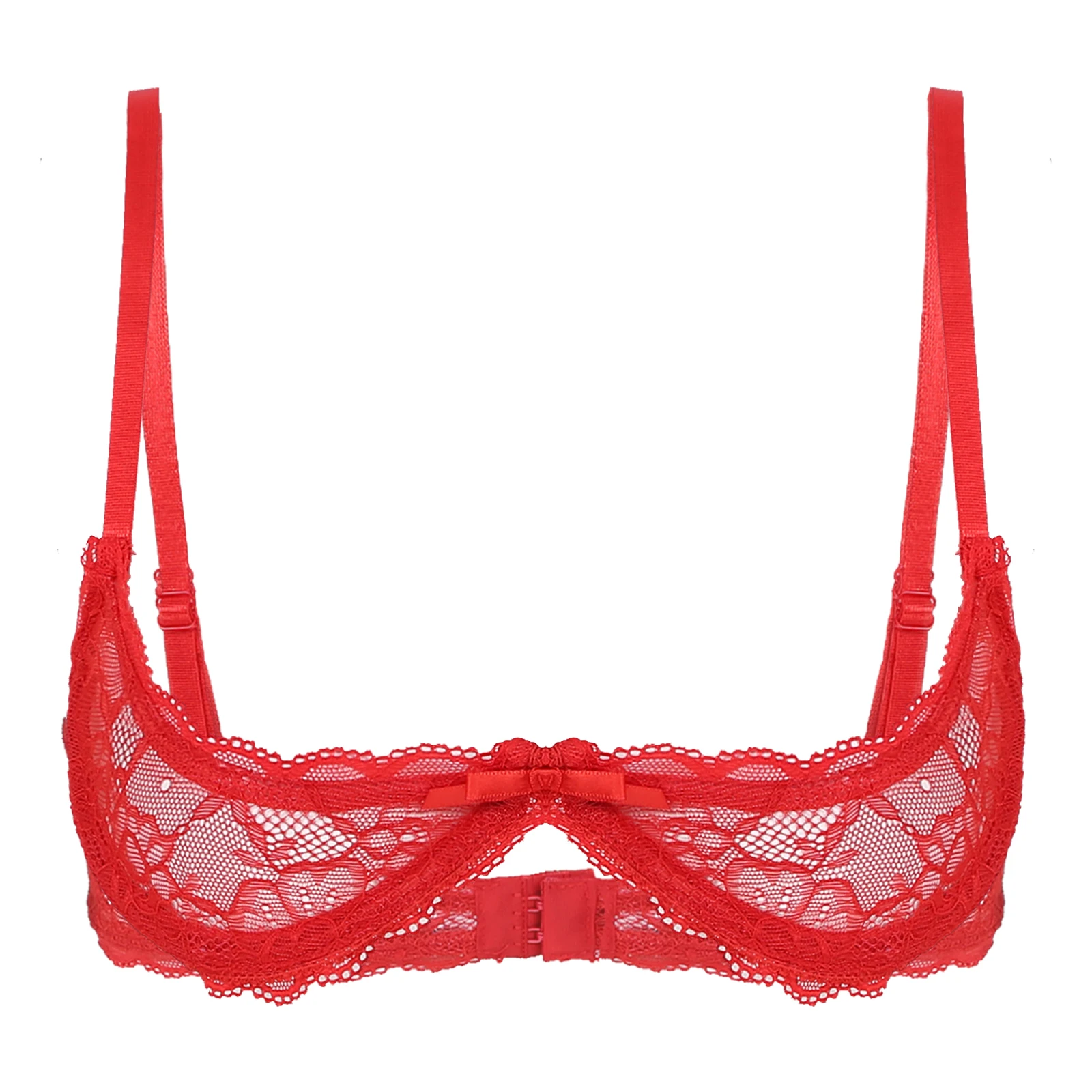 Women's Sheer Lace Lingerie Sexy Half Cup Bare Breast Underwire Push Up Bra Tops Adjustable Straps Unlined Brassiere