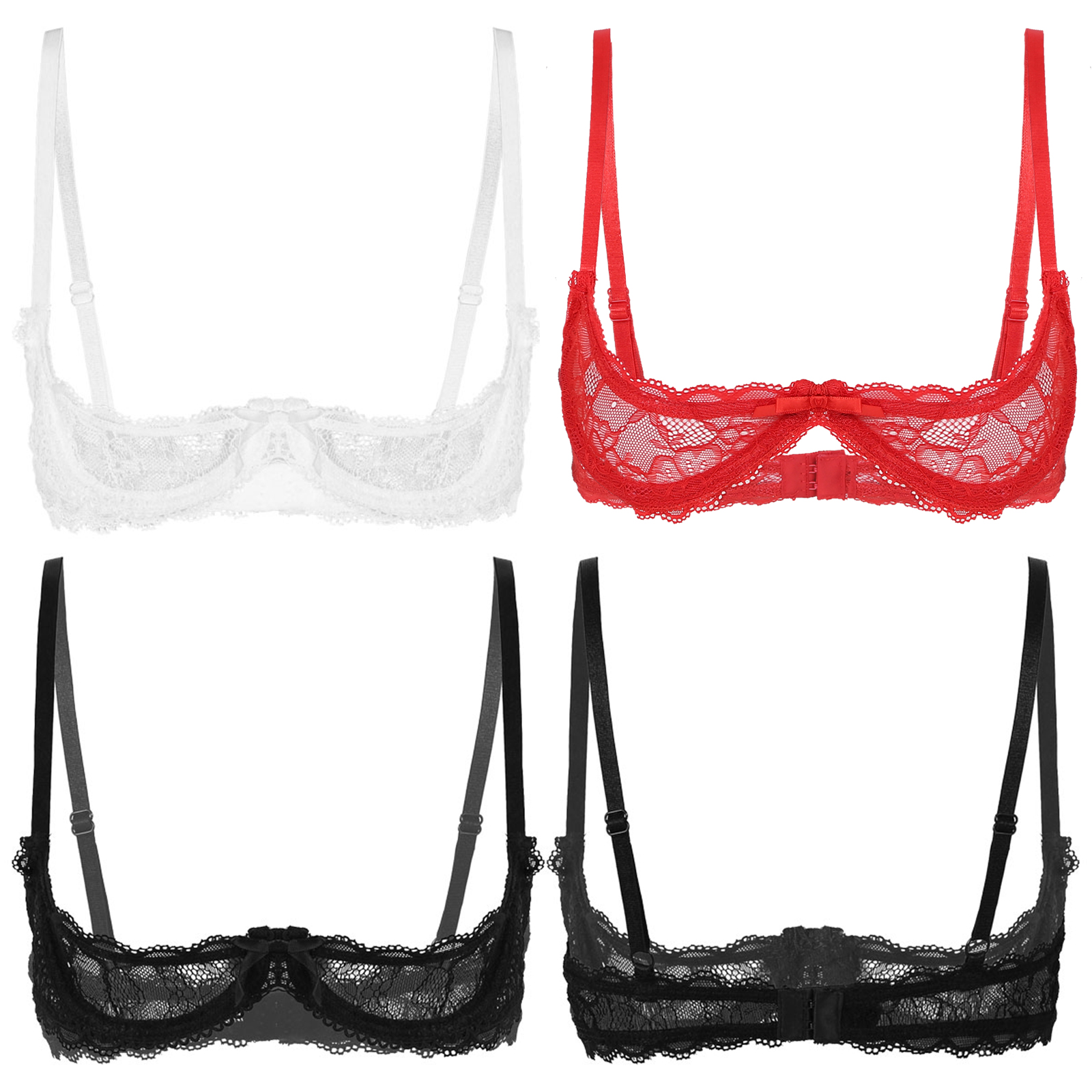 Women's Sheer Lace Lingerie Sexy Half Cup Bare Breast Underwire Push Up Bra Tops Adjustable Straps Unlined Brassiere