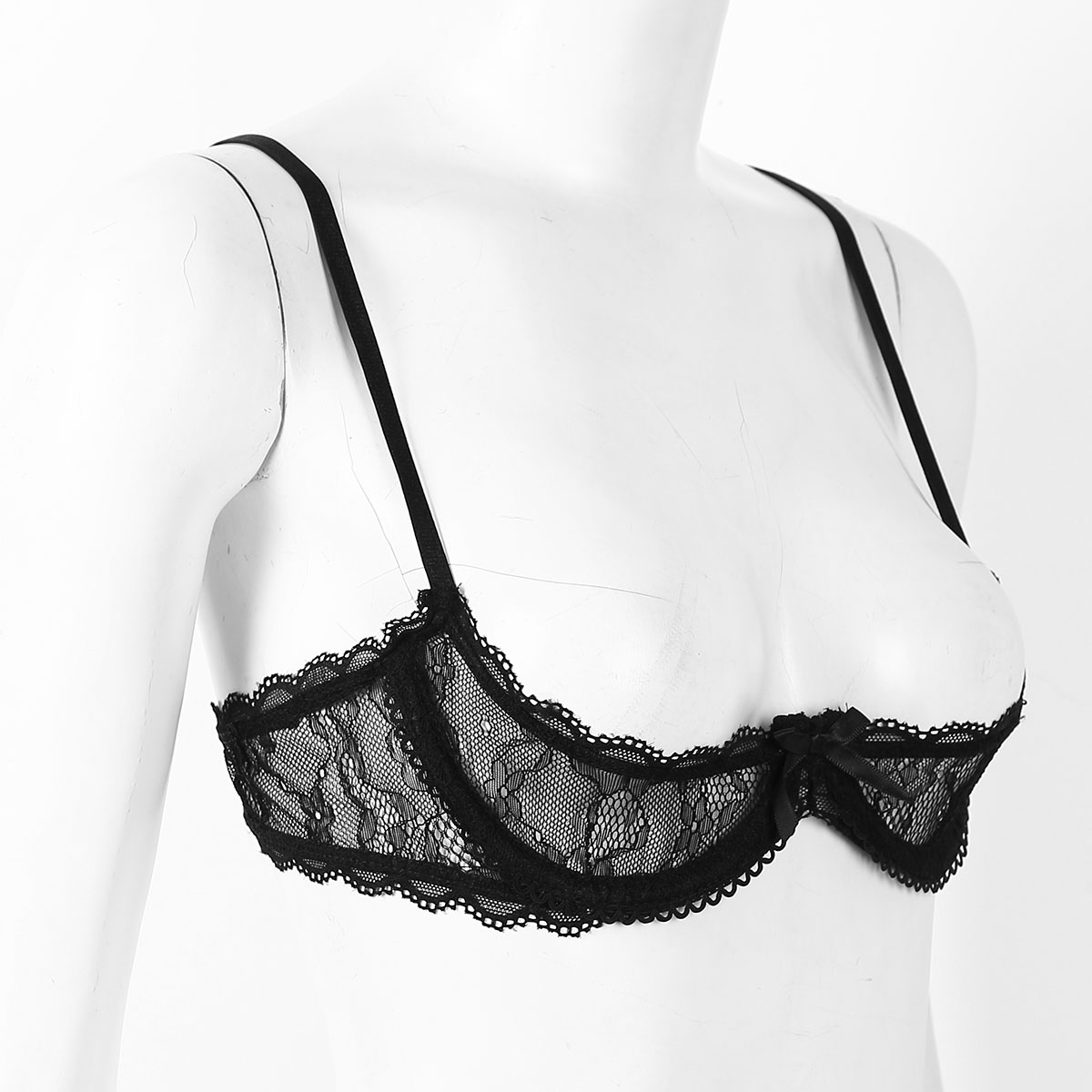 Women's Sheer Lace Lingerie Sexy Half Cup Bare Breast Underwire Push Up Bra Tops Adjustable Straps Unlined Brassiere