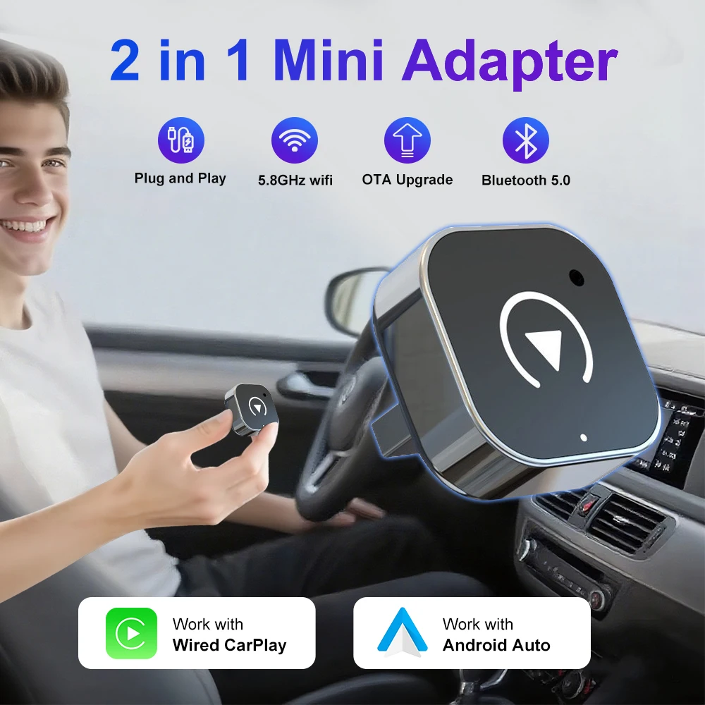 2026 Wireless CarPlay Adapter 2-in-1 Wired to Wireless Dongle for Apple & Android Phone Plug and Play Universal Car Accessory