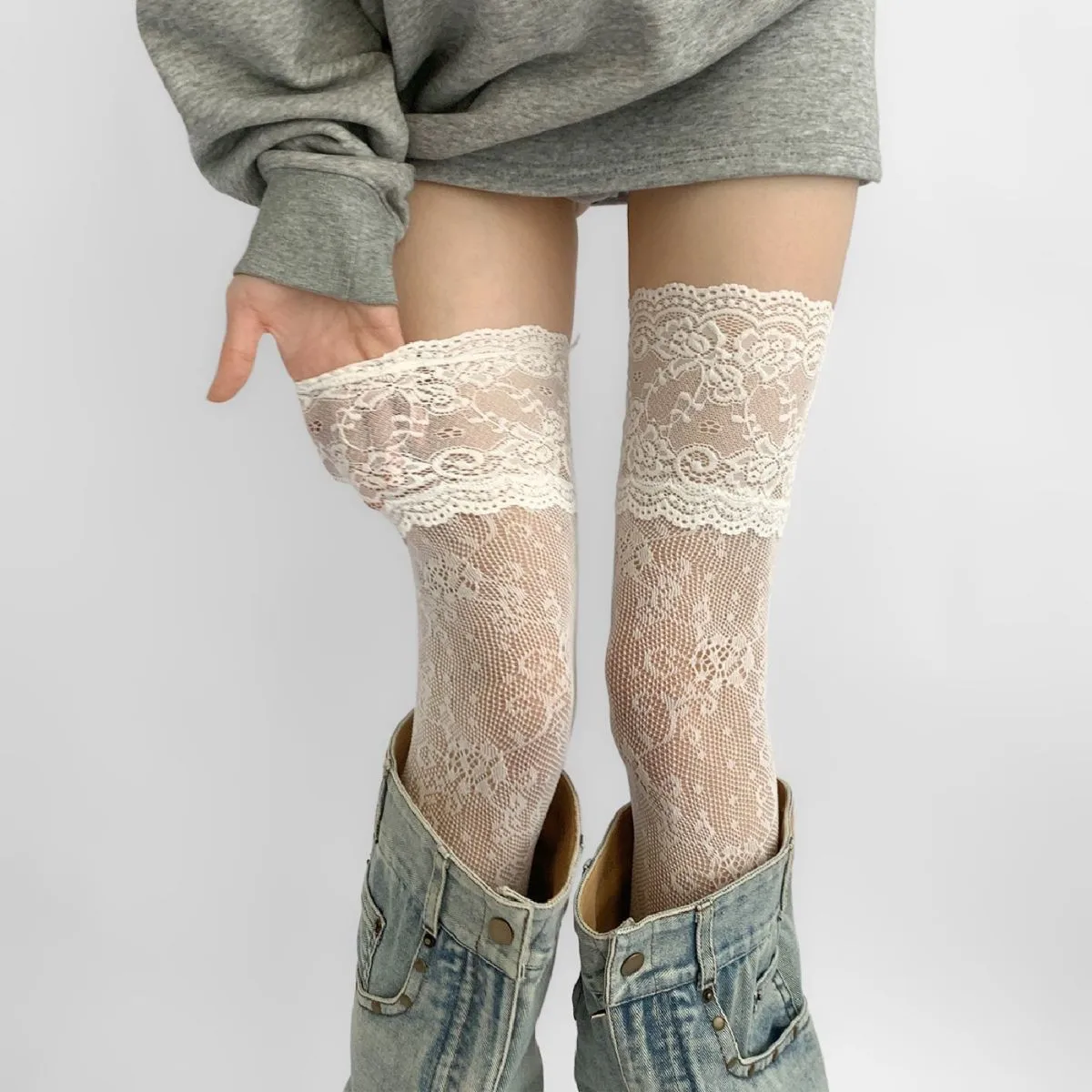 Socks Woman Autumn/Summer Solid Color Thigh High Lace Stockings Women Over The Knee Stockings Lolita Girls Long Leg Boot Socks #