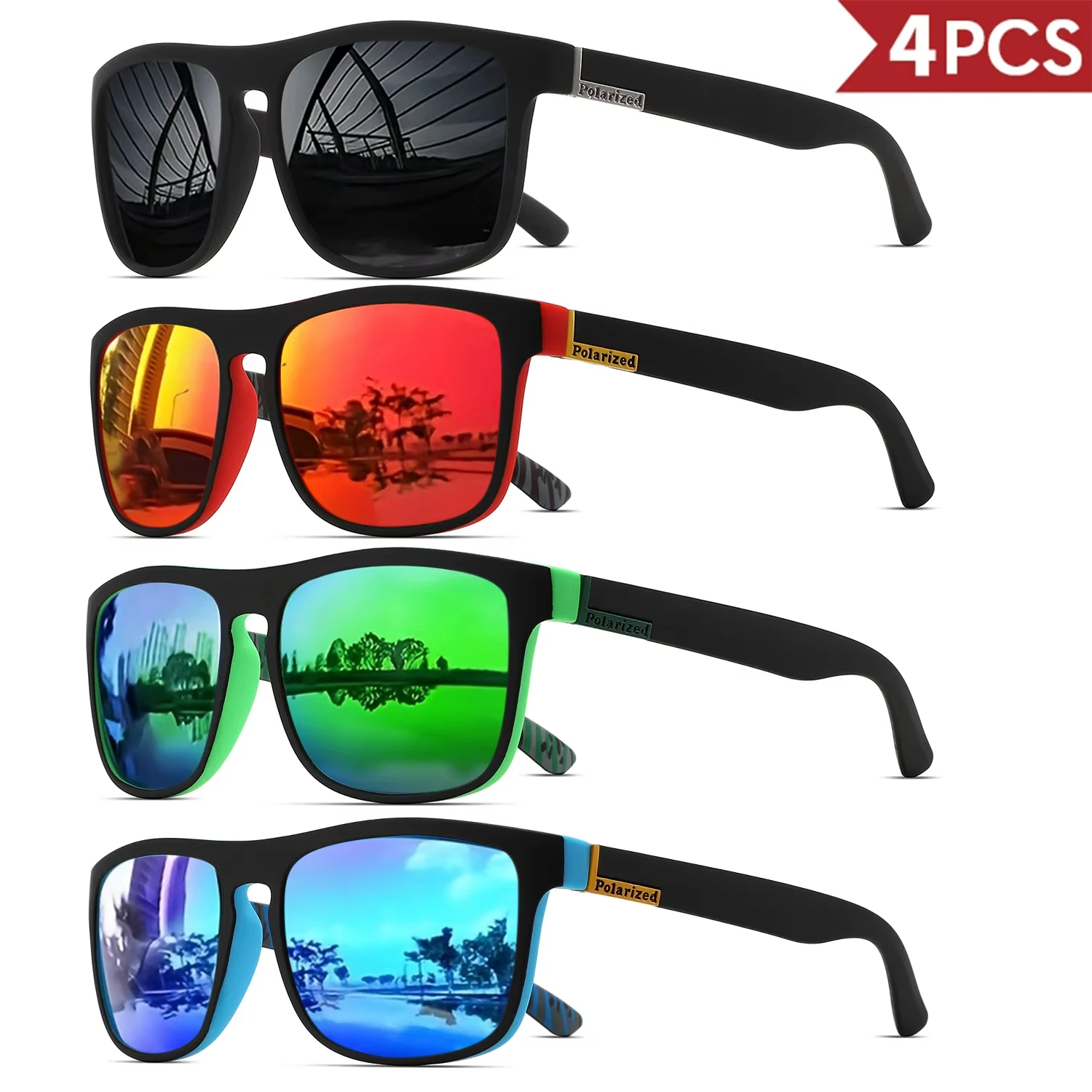 1-4PCS Men Classical Square Polarized Sports Sunglasses Lightweight PC Frame UV400 for Driving Fishing Cycling Unisex Durability
