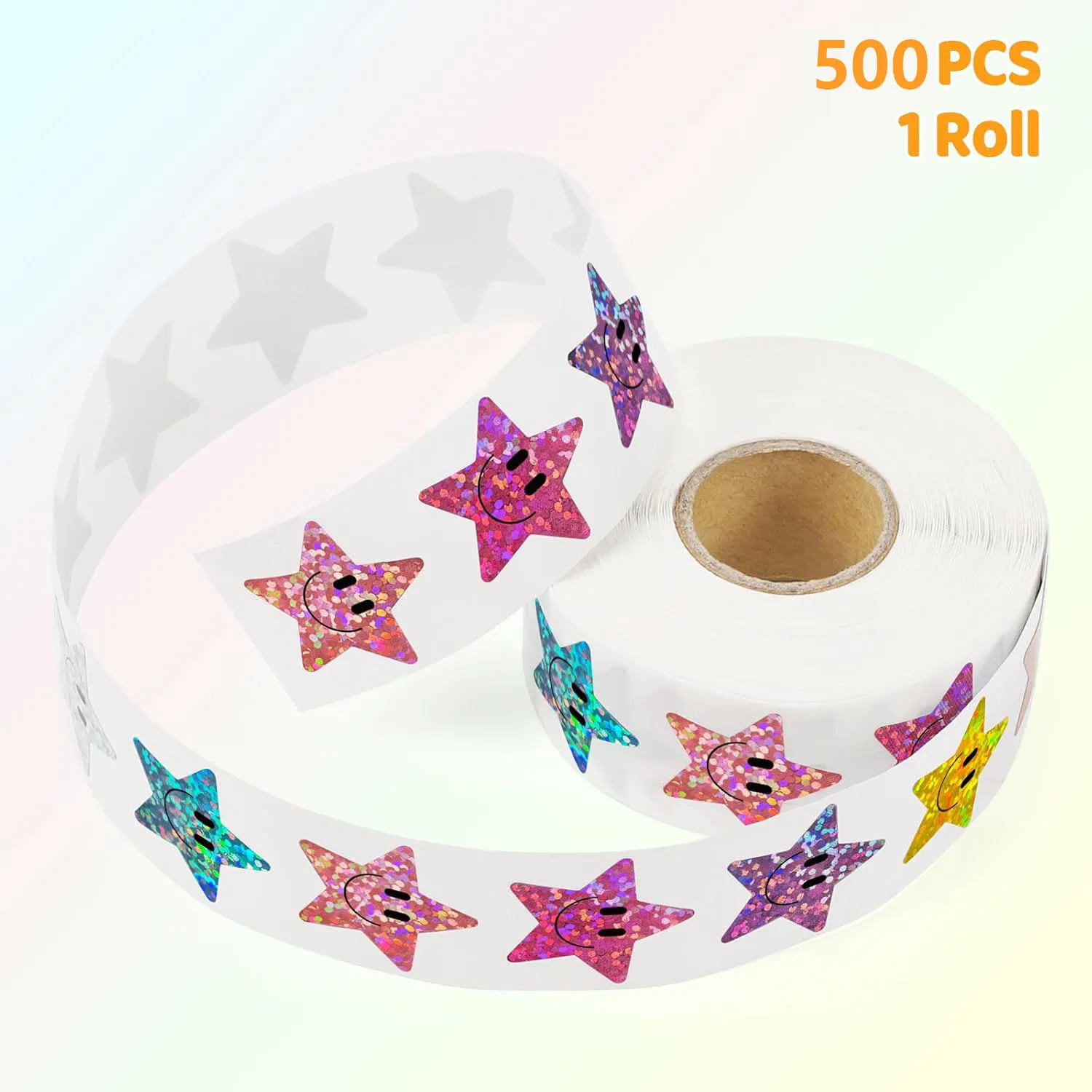500 Pcs Smile Face Stickers Roll Laser Colorful Happy Face Sticker for Classroom Back to School Birthday Teacher Reward,1inch
