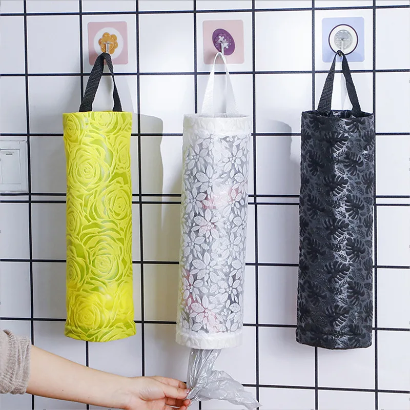 Home Grocery Bag Holder Wall Mount Plastic Bag Holder Dispenser Hanging Storage Trash Garbage Bag Kitchen Garbage Organizer