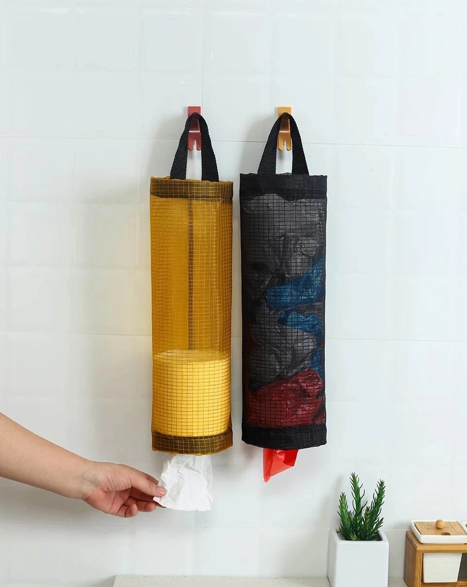 Home Grocery Bag Holder Wall Mount Plastic Bag Holder Dispenser Hanging Storage Trash Garbage Bag Kitchen Garbage Organizer