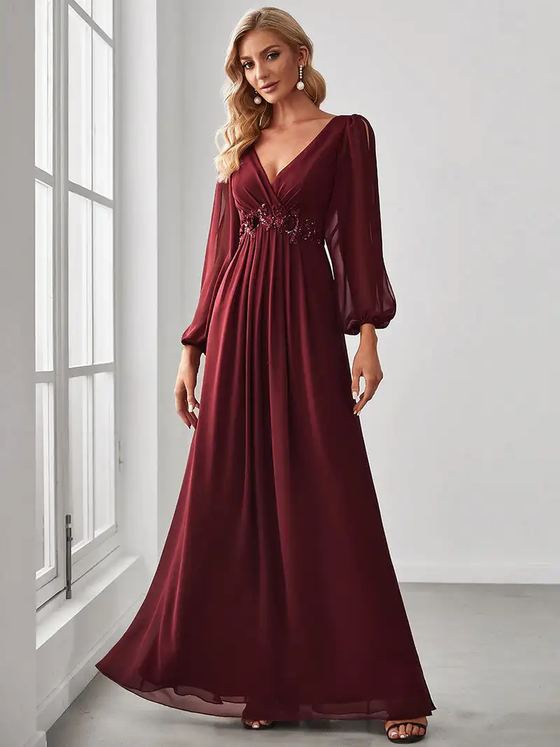 Elegant Evening Dresses Long Lantern Sleeves V-neck Ever Pretty of A-LINE Chiffon Burgundy Flower Beltbelt Prom Dress Women