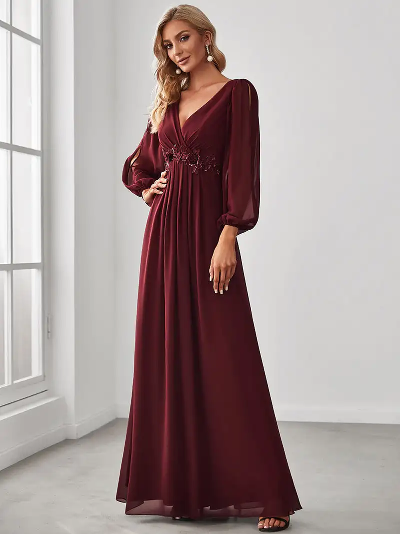 Elegant Evening Dresses Long Lantern Sleeves V-neck Ever Pretty of A-LINE Chiffon Burgundy Flower Beltbelt Prom Dress Women