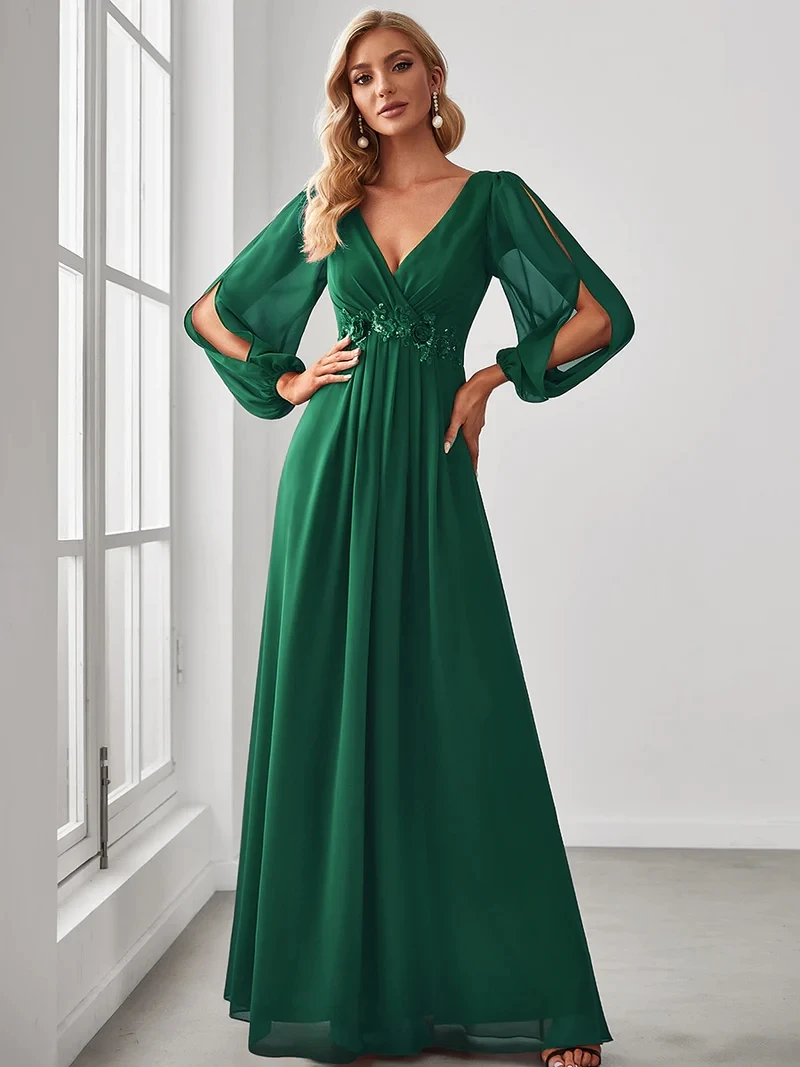 Elegant Evening Dresses Long Lantern Sleeves V-neck Ever Pretty of A-LINE Chiffon Burgundy Flower Beltbelt Prom Dress Women