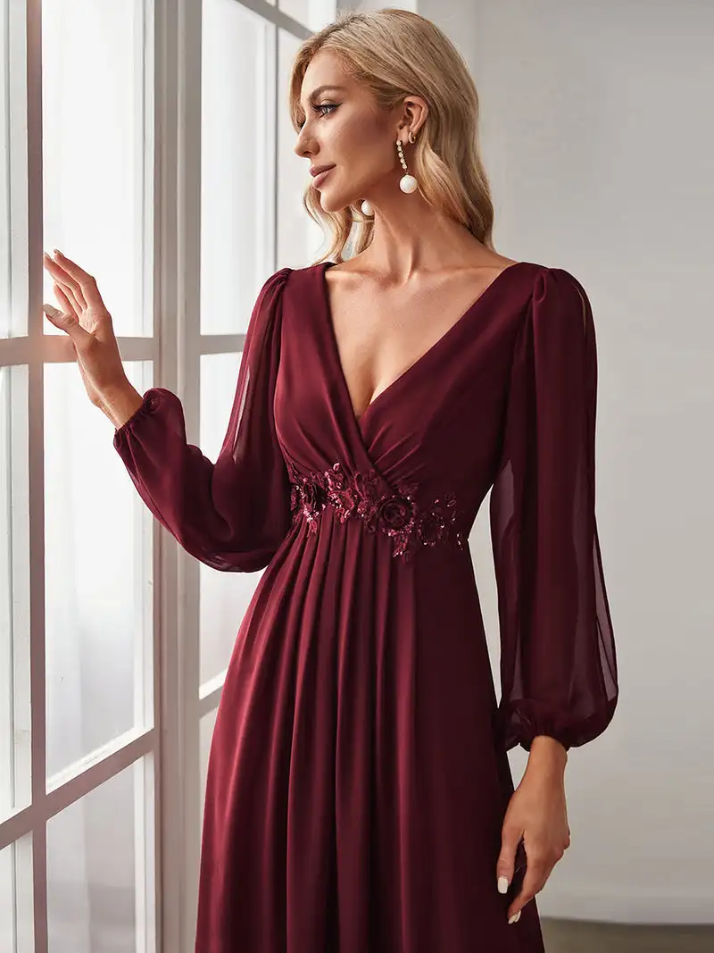 Elegant Evening Dresses Long Lantern Sleeves V-neck Ever Pretty of A-LINE Chiffon Burgundy Flower Beltbelt Prom Dress Women