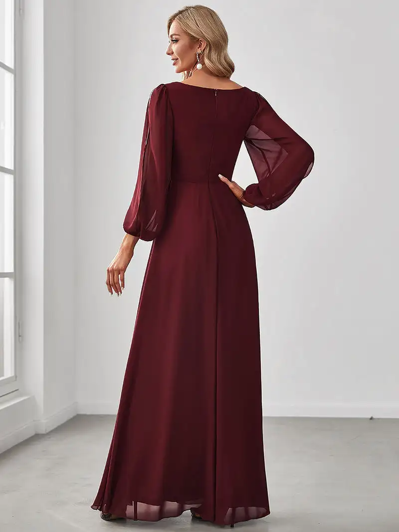 Elegant Evening Dresses Long Lantern Sleeves V-neck Ever Pretty of A-LINE Chiffon Burgundy Flower Beltbelt Prom Dress Women