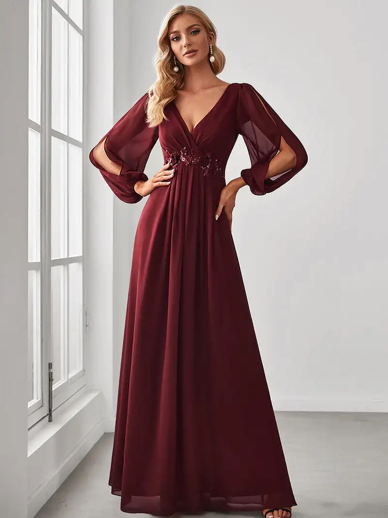 Elegant Evening Dresses Long Lantern Sleeves V-neck Ever Pretty of A-LINE Chiffon Burgundy Flower Beltbelt Prom Dress Women