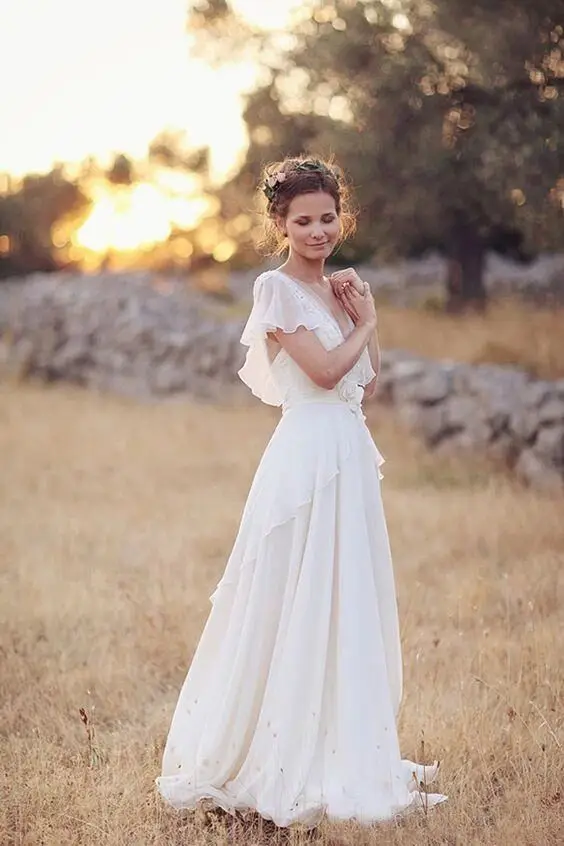 Customized Bohemian Hippie Style Wedding Dresses Beach A-line Backless Chiffon Bridal Dress Maternity Pregnant Bridal Gowns