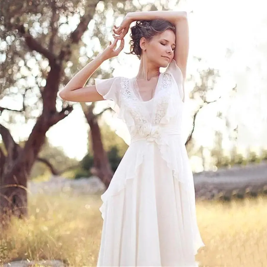 Customized Bohemian Hippie Style Wedding Dresses Beach A-line Backless Chiffon Bridal Dress Maternity Pregnant Bridal Gowns
