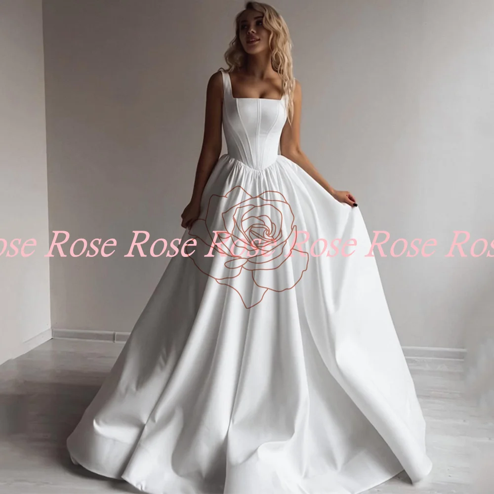 Customized A-Line Wedding Dresses Satin Sleeveless Dress Boho Beach Square Collar Evening Prom Gowns Custom Size