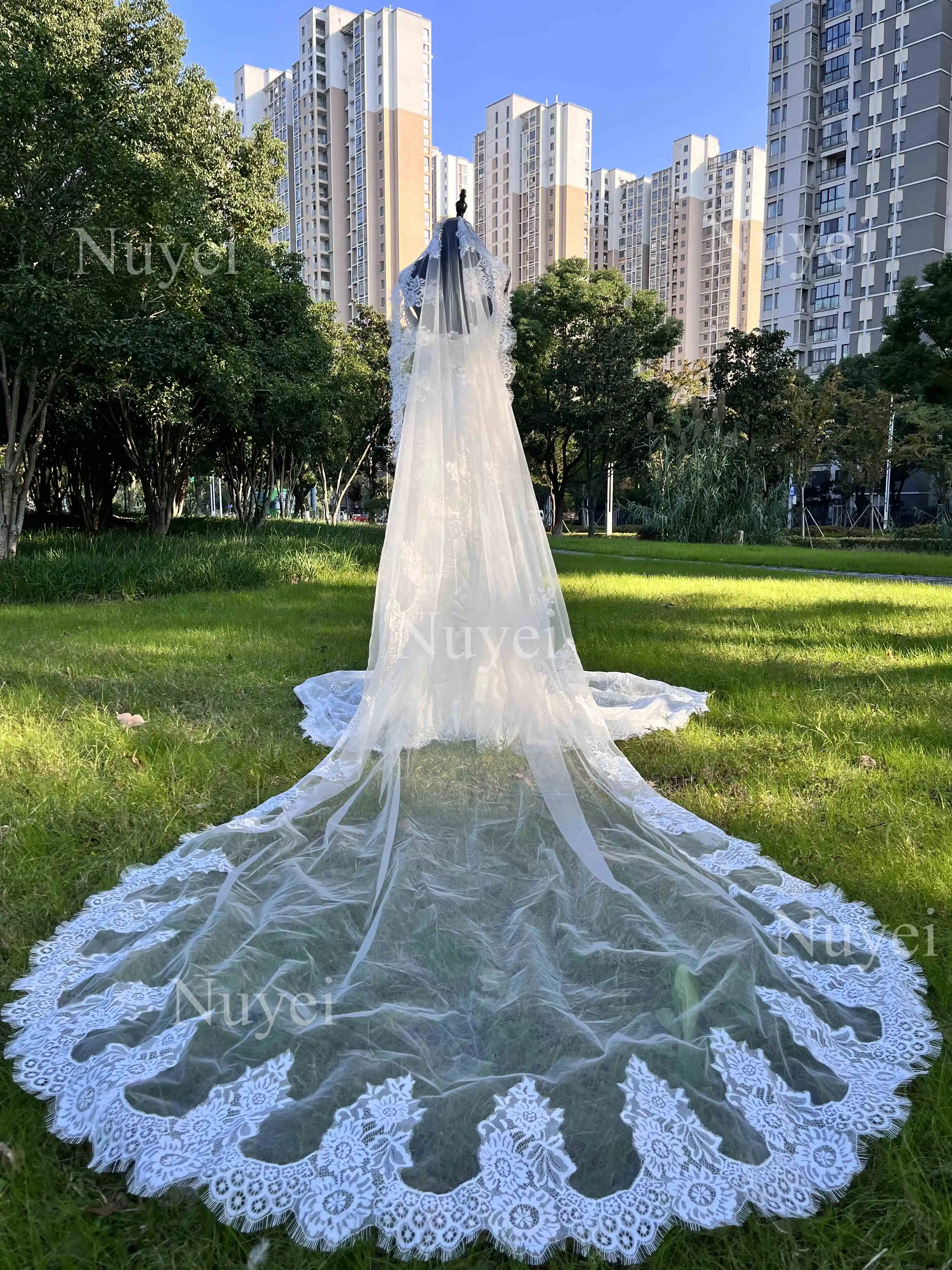 White/Ivory Wedding Veil 3m Long Comb Lace Mantilla Cathedral Bridal Veils Wedding Accessories Veu De Noiva Customized
