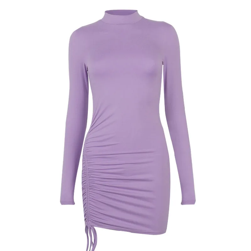 Long Sleeve Ruched Bodycon Dress Women Turtleneck Bandage Mini Dresses Autumn Black Skinny Stretchy Party Vestidos