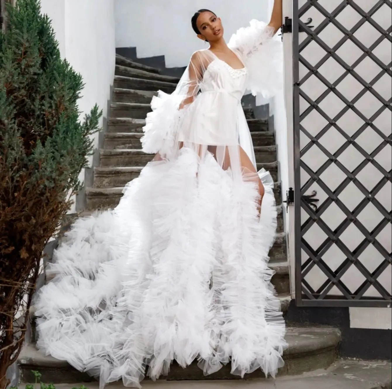 Sexy Wedding Robe Maxi Bride Bathrobe Customized Including Bodysuit Lingerie Women Gowns Tulle Robe Dress For Babyshower