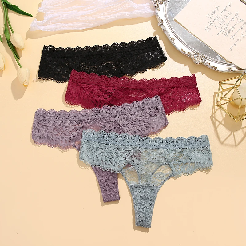 Perspective Lace Panties Women Hollow Out Low-waist Underwear Thongs Female Underpants Breathable Lingerie Embroidery Intimates