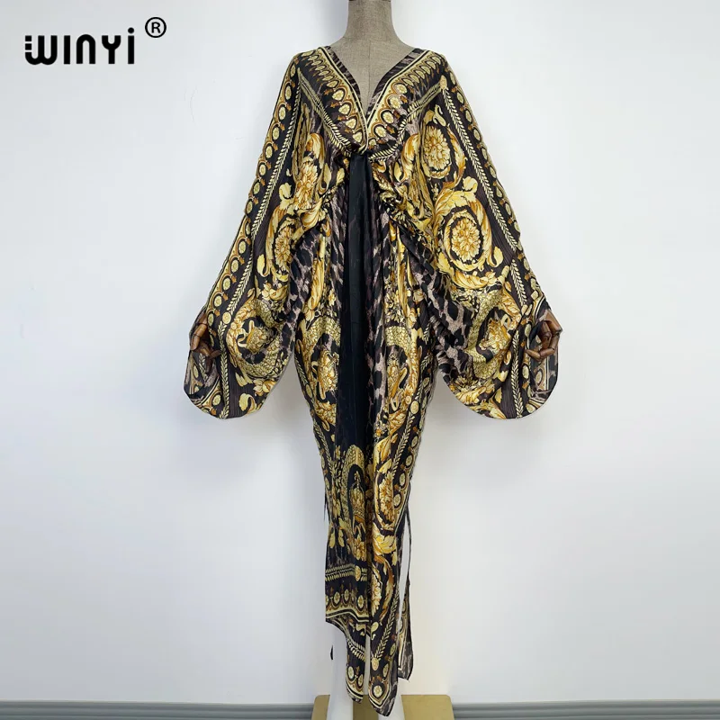 Sexy Beach Kaftan Caftan Feel Silk Rayon Fashion Print 2021 WINYI Maxi Women's Robes Long Sukienka V-Neck Bohemian Dress