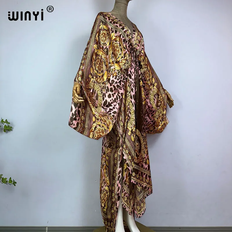 Sexy Beach Kaftan Caftan Feel Silk Rayon Fashion Print 2021 WINYI Maxi Women's Robes Long Sukienka V-Neck Bohemian Dress