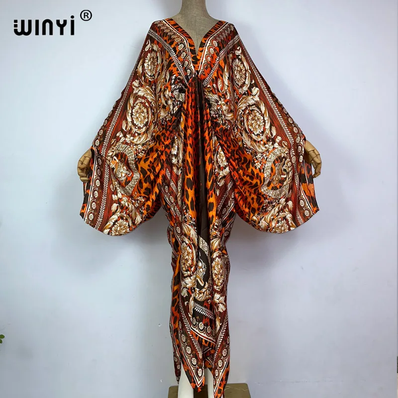 Sexy Beach Kaftan Caftan Feel Silk Rayon Fashion Print 2021 WINYI Maxi Women's Robes Long Sukienka V-Neck Bohemian Dress