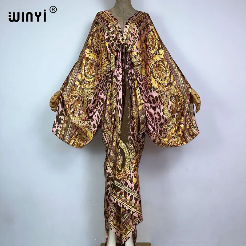 Sexy Beach Kaftan Caftan Feel Silk Rayon Fashion Print 2021 WINYI Maxi Women's Robes Long Sukienka V-Neck Bohemian Dress